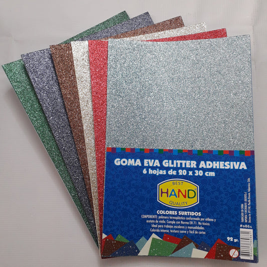 CONJUNTO DE GOMA EVA GLITTER  ADHESIVA 6 HOJAS TAMAÑO 20x30 CM